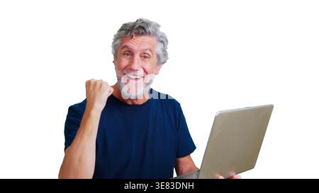 Senior man celebrating success using laptop, transparent background Stock Photo