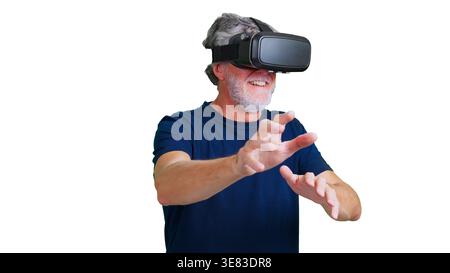 Senior man experiencing virtual reality with transparent background Stock Photo