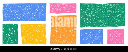 Crayon freehand scribble texture set text boxes, chalk frames. Borders in sketch style. Childlike grunge rectangles. . Vector illustration Stock Vector