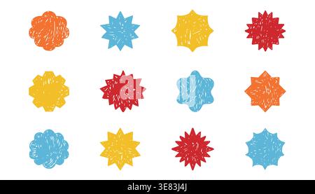 Starburst labels, price colorful tags crayon scribble texture, discount badge set. Sale circle sticker. Wavy, scallop edge promo blank. . Vector illustration Stock Vector
