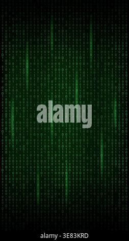 Futuristic cyber concept Green binary data stream falling on a black background, vertical orientation Stock Vector