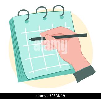 Human Hand Holding Pencil to Writing on Schedule Notepad Paper for Planning Concept Illustration Concept Clip Art Stock Vector