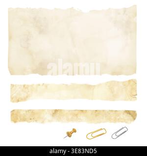 Torn scrolls and manuscripts, paper clips and buttons. Watercolor illustration. A collection of old, tattered scraps of parchment paper and banners wi Stock Photo