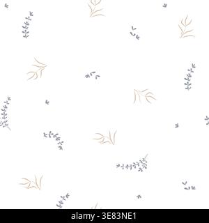 Twigs with leaves on a seamless pattern, hand-drawn. Vector illustration. Drawing of forest branches of trees and meadow grasses, isolated on a white Stock Vector