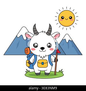 Mountain Goat Character Hiking in Mountains with Backpack and Walking Stick Illustration Stock Vector