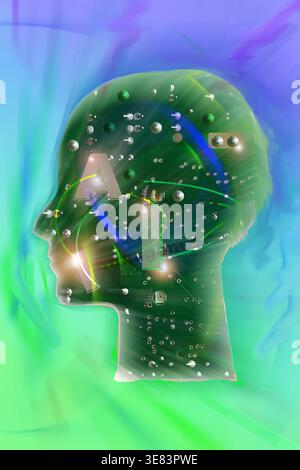 Conceptual illustration of a human head silhouette with integrated electronic circuits and digital light rays representing ai technology Stock Photo