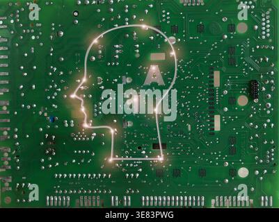 glowing human head silhouette filled with electronic circuits on green pcb with illuminated ai letter inside brain area Stock Photo