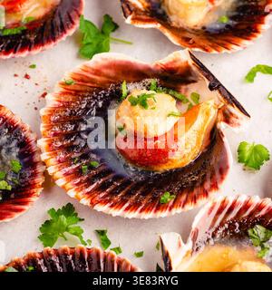 Cooked scallops with parsley on a baking sheet Stock Photo