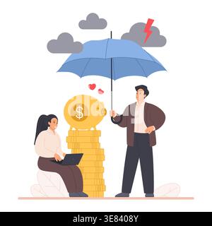 People protect piggy bank savings with umbrella from financial risk and crisis, symbolizing insurance, security, money management and long term stability, isolated on white vector illustration Stock Vector