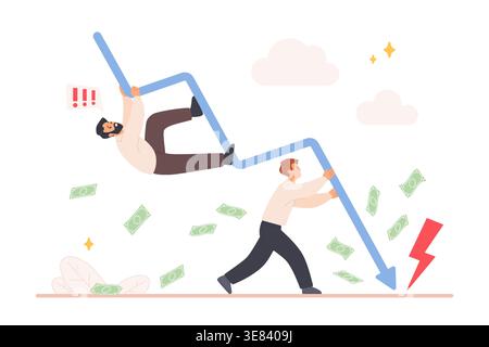 Two businessmen desperately hold a falling arrow graph with flying money bills, symbolizing inflation, crisis, and business failure, isolated on white background vector illustration Stock Vector