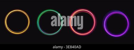 Glowing luminous color rings in yellow, green, red, and purple neon light on dark background, futuristic circular frame elements for tech, gaming, and UI design vector illustration Stock Vector