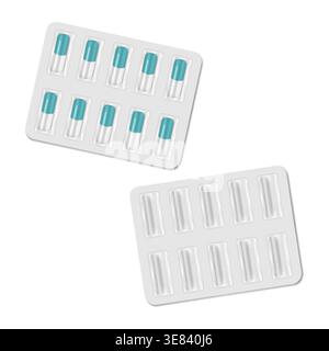 Medical capsule blister pack - front and back. Pharmaceutical packaging isolated on white background, vector template Stock Vector