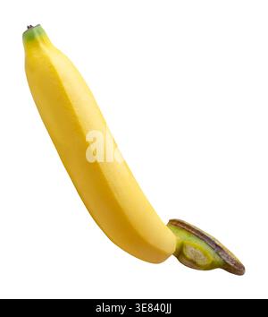 One ripe yellow banana fruit in a banana hand is isolated on white background with clipping path. Stock Photo