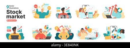 Business people with laptops and smartphones studying stock market charts, buy and sell signals, investment risks and profits, financial analytics and trading concepts isolated vector illustration Stock Vector
