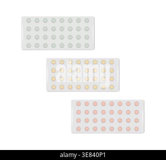 Set of medical pill blister packs isolated on white background, realistic mockup. Small round colored medicine tablets top view, vector template Stock Vector
