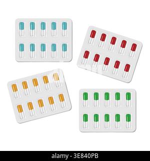 Color medical capsules in blister packs isolated on white background. Pill package set, vector template Stock Vector