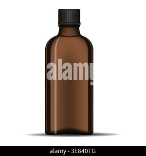 Clear dark glass bottle with screw cap, realistic vector mockup. Empty transparent brown container with black lid Stock Vector