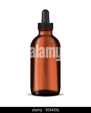 Closed dark clear glass bottle with black dropper cap isolated on white background, realistic vector illustration. Beauty or medical product pack Stock Vector
