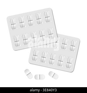 Medical pill blisters top view. Blank medicine tablet pack Stock Vector