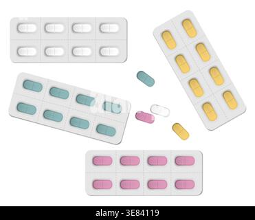 Medical pill blisters with individual detachable cells isolated on white background. Oblong color medicine tablets packaging, vector template Stock Vector