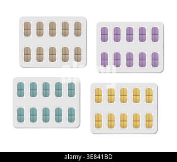 Medical pill blister set isolated on white background. Ten colored oblong medicine tablets per pack, vector template. Stock Vector