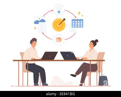 Coworkers sitting at desk with laptops collaborating on project planning, target achievement, ideas and schedule management in modern office teamwork concept, isolated on white vector illustration Stock Vector