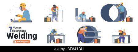 Professional welders in protective gear welding metal pipes and steel pipelines with sparks, tools and equipment in industrial workshop, isolated on white background vector illustration Stock Vector