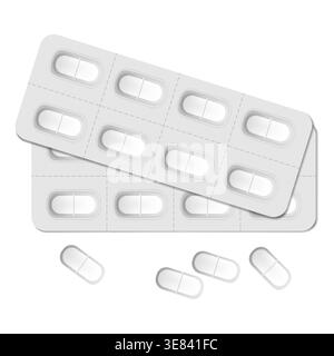 Oblong medical pill blisters top view. Blank medicine tablet pack. Pharmaceutical packaging, vector template Stock Vector