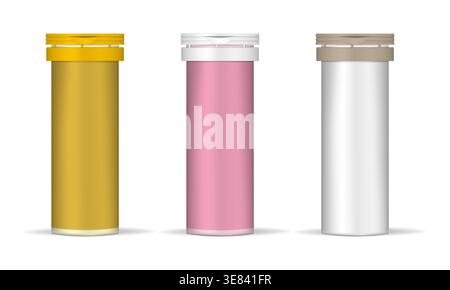 Medical pill package box, realistic illustration. Aluminum tube with cap, color label, vector template. Medicine tablet, vitamin, dietary supplement Stock Vector