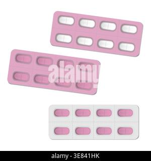 Medical pill blister packages with individual detachable cells, pink color set. Oblong medicine tablets pharmaceutical packaging, vector template Stock Vector