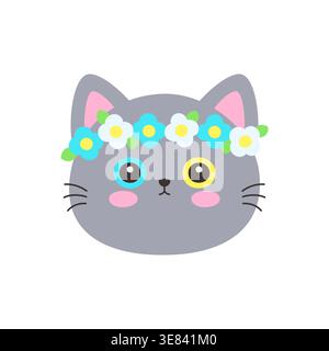 Cute kawaii gray cat face wearing colorful flower crown wreath vector illustration clipart sticker Stock Vector