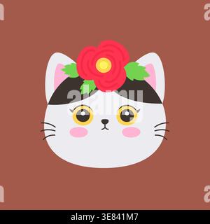 Cute kawaii white cat face wearing red rose flower crown on brown background vector illustration clipart sticker Stock Vector