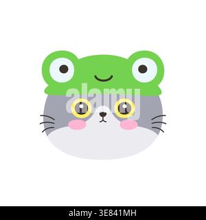 Cute kawaii gray cat face wearing green frog hat costume vector illustration clipart sticker Stock Vector