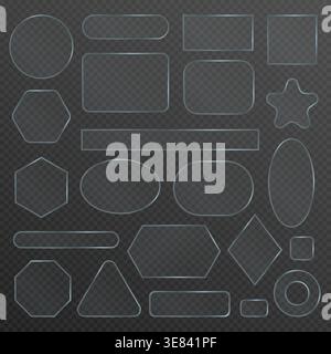 Transparent glass UI elements set with various rounded rectangles, circles, ovals, hexagons, and star shapes on dark checkered background for modern web and app interfaces vector illustration Stock Vector
