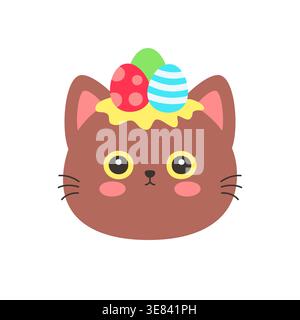 Cute kawaii brown cat face with colorful Easter eggs on head vector illustration clipart sticker for Easter Stock Vector