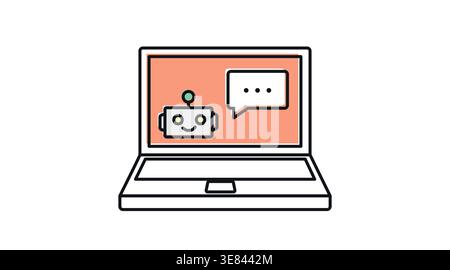 Laptop AI chatbot icon: portable computer with friendly robot Stock Vector