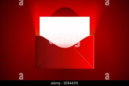Red open envelope with a blank white card illuminated against a deep red background. Perfect for a message, invitation, or greeting. Vector illustration. Stock Vector