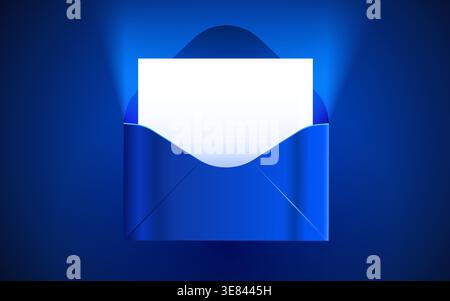 Vibrant blue envelope with a blank white card. Ideal for communication, invitation, or contact designs. Vector illustration. Stock Vector