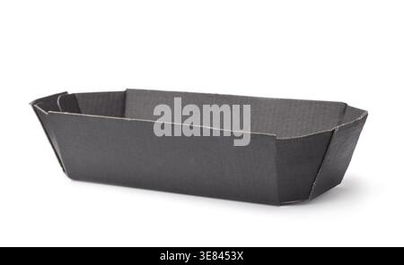 Empty disposable black paper fast food tray isolated on white Stock Photo