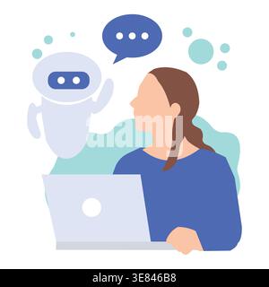 AI Chat Assistant Helping Woman Work Smarter with Laptop Technology Stock Vector
