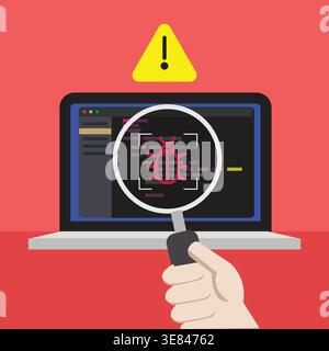 Cybersecurity Threat Detection Concept with Malware Bug on Laptop Screen Stock Vector