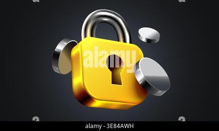 Shiny golden padlock with floating metallic discs, symbolizing security and protection on a dark background. Vector illustration. Stock Vector
