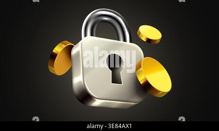 Shiny 3D padlock surrounded by golden coins on a dark background, representing secure digital finance. Vector illustration Stock Vector