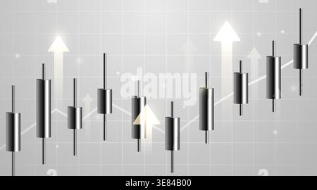 Uptrend financial candlestick chart with glowing arrows on a grid background, symbolizing market growth and success. Vector illustration Stock Vector
