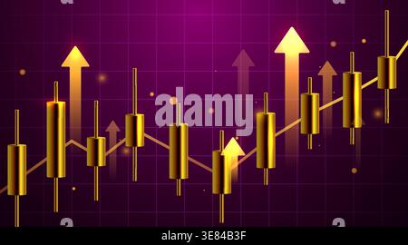 Golden candlestick financial chart on a purple grid background, symbolizing market growth and investment success. Vector illustration Stock Vector