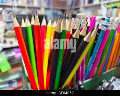 Karachi, Pakistan - April 07, 2026: A vibrant assortment of colorful pencils displayed in a stationery shop. Stock Photo