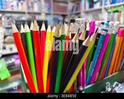Karachi, Pakistan - April 07, 2026: A vibrant assortment of colorful pencils displayed in a stationery shop. Stock Photo