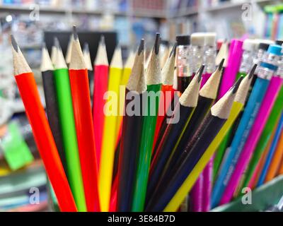 Karachi, Pakistan - April 07, 2026: A vibrant assortment of colorful pencils displayed in a stationery shop. Stock Photo
