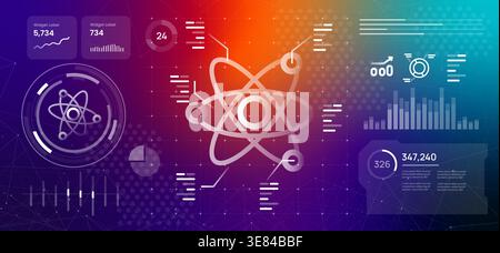 nuclear energy and scientific research concept atom structure high tech dashboard with physics data and laboratory experiments analytics for advanced Stock Vector