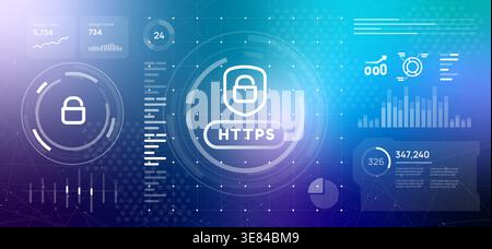HTTPS secure internet protocol and web protection concept https icon with lock shield on blue digital dashboard with data security statistics for Stock Vector